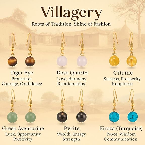 Natural Healing Stone Drop Earrings for Women – Rose Quartz, Citrine, Firoza, Green Aventurine & Pyrite | Handmade Healing Crystal Earrings | Stylish Lightweight Jewellery